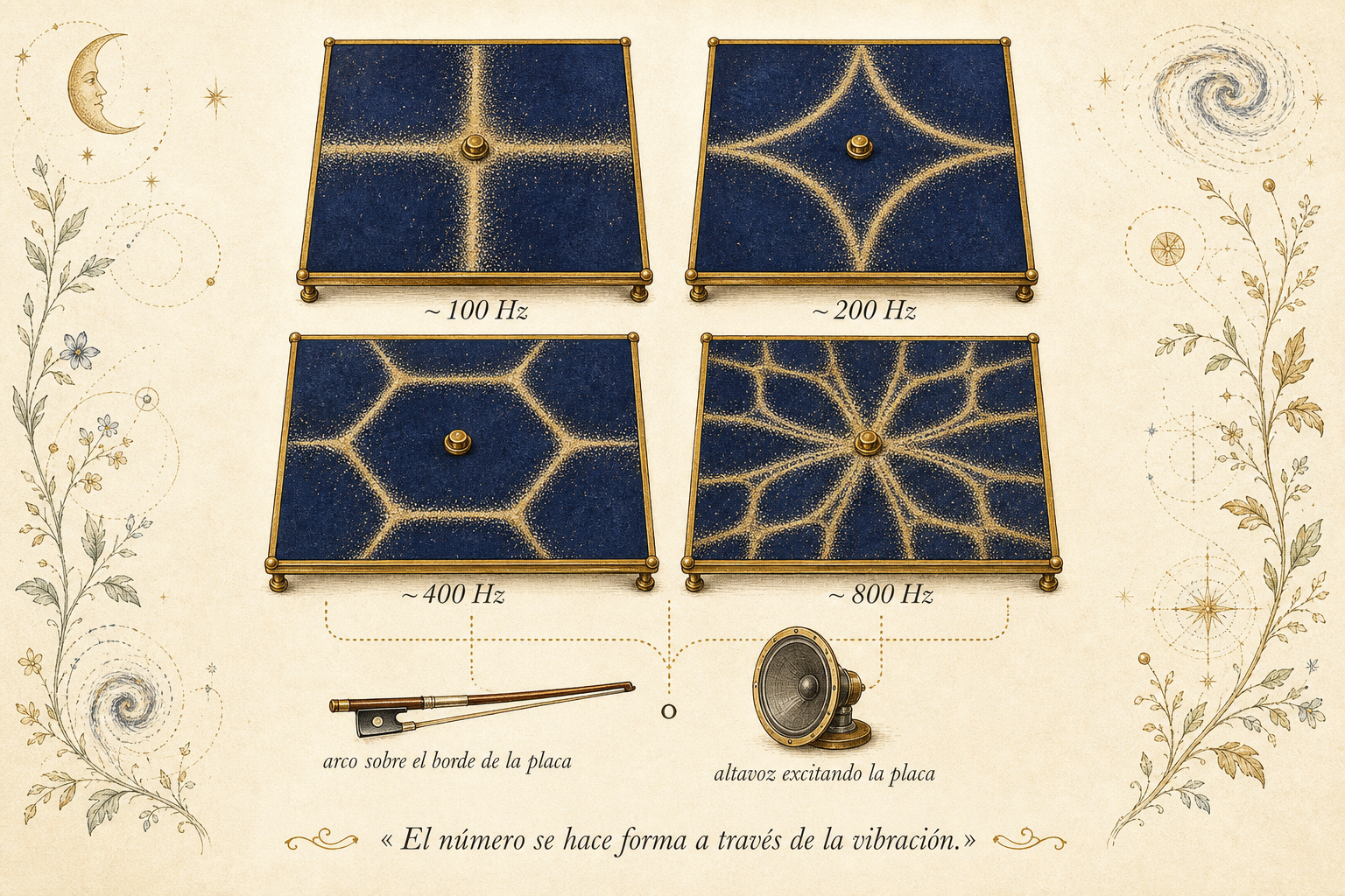 Cuatro paneles mostrando placas metálicas vibrantes con arena formando patrones geométricos distintos según la frecuencia: cruz simple, estrella de cuatro puntas, florón hexagonal, patrón complejo de orden superior