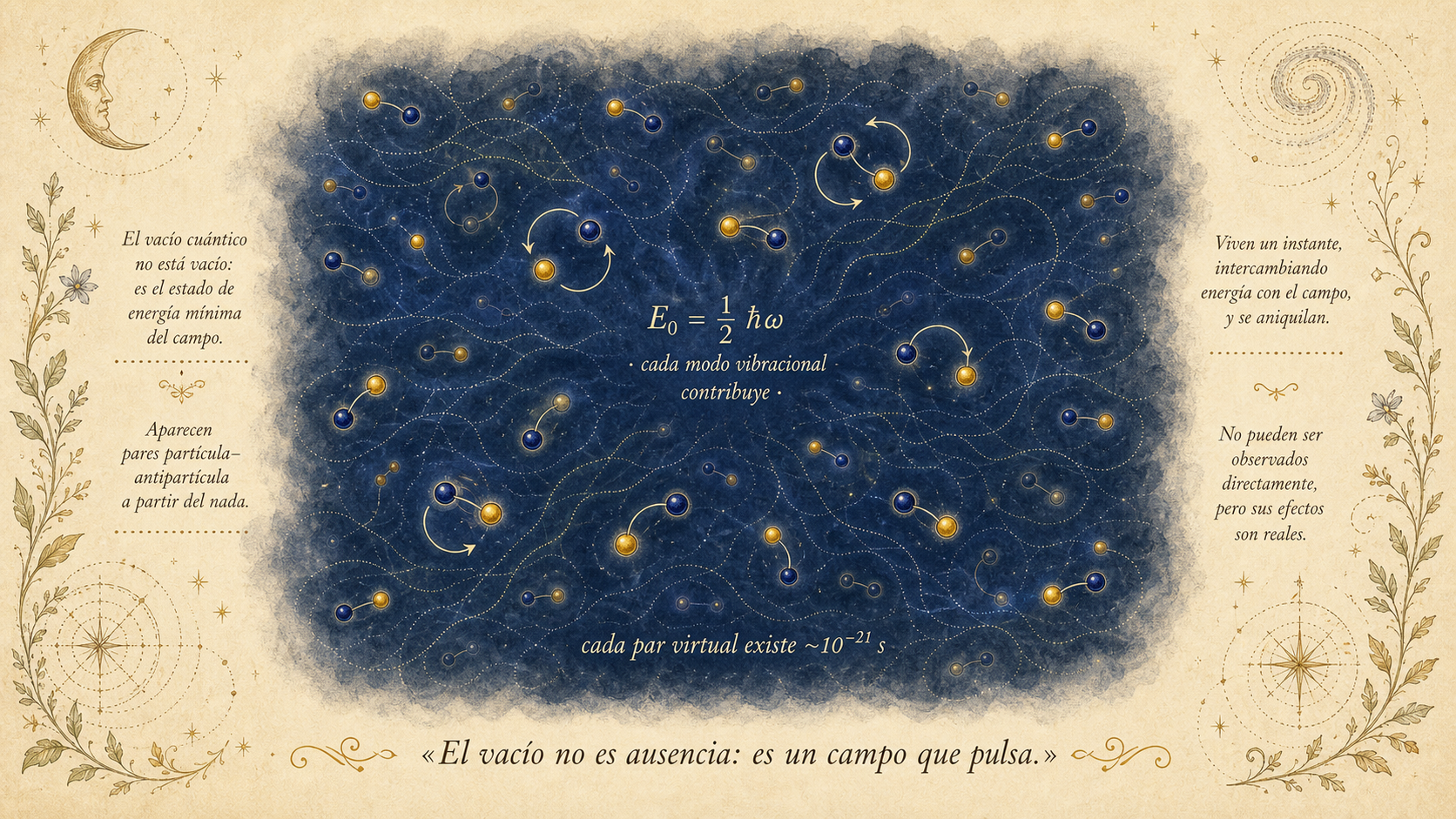 Representación esquemática del vacío cuántico como campo poblado de fluctuaciones espontáneas: pares de partícula-antipartícula virtuales aparecen y desaparecen en escalas de 10⁻²¹ segundos