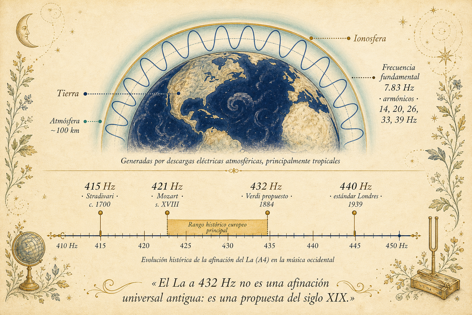 Dos paneles: arriba corte transversal de la Tierra con la cavidad ionosférica resonante mostrando ondas estacionarias EM a 7.83 Hz · abajo línea numérica de afinaciones musicales históricas 410-450 Hz con marcadores Stradivari 415, Mozart 421, Verdi 432 propuesto, Londres 1939 fijó 440