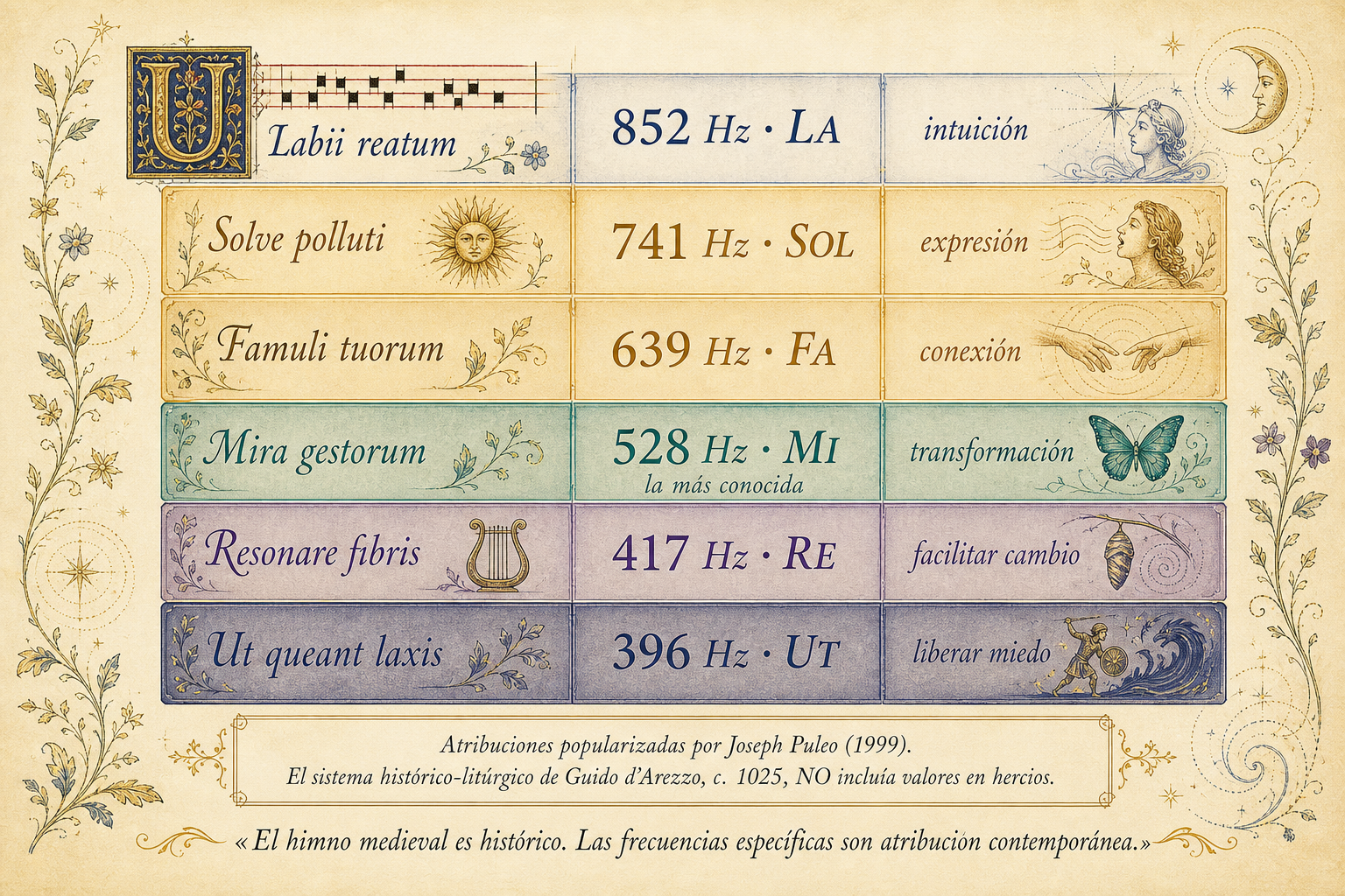 Escala vertical con seis bandas horizontales coloreadas, una por cada frecuencia del solfegio Puleo de abajo hacia arriba 396 Hz Ut, 417 Hz Re, 528 Hz Mi destacado, 639 Hz Fa, 741 Hz Sol, 852 Hz La. Cada banda muestra sílaba latina, frecuencia en hercios y atribución contemplativa