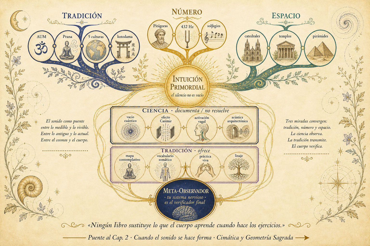 Diagrama radial con centro 'INTUICIÓN PRIMORDIAL · el silencio no es vacío'. Tres hilos en abanico: Tradición (índigo: AUM, Prana, 5 culturas, kotodama), Número (oro: Pitágoras, 432 Hz, solfegios), Espacio (verde azulado: catedrales, templos, pirámides). Convergen en dos cajas: 'CIENCIA documenta / no resuelve' y 'TRADICIÓN ofrece'. Centro inferior: META-OBSERVADOR · tu sistema nervioso es el verificador final. Flecha al pie: PUENTE AL CAP. 2 · La Ciencia que Aprendió a Escuchar
