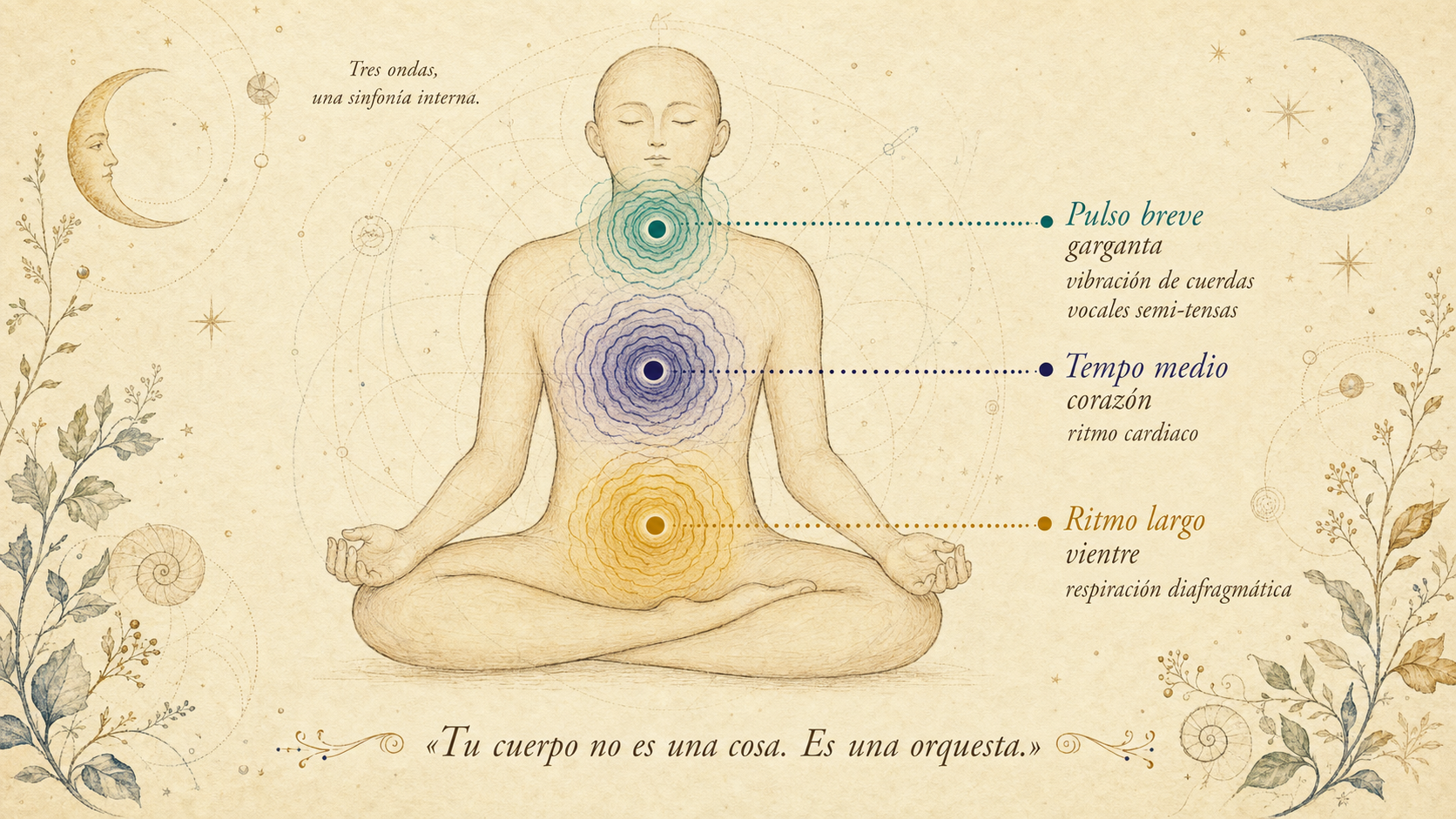 Silueta humana en meditación con tres anillos de resonancia: garganta en verde azulado, corazón en índigo, vientre en oro.