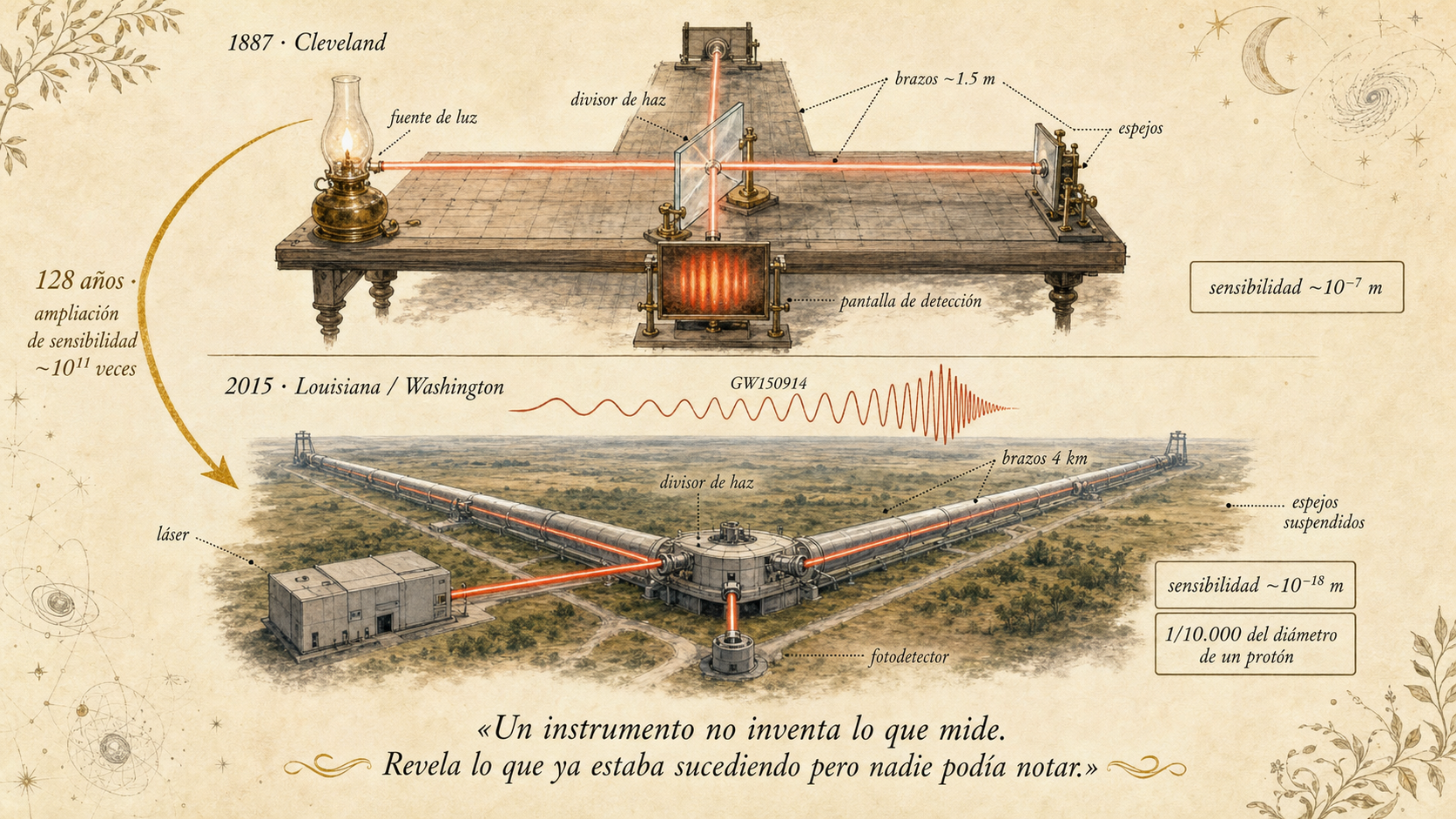 Dos paneles comparativos: el interferómetro de Michelson-Morley de 1887 y el detector LIGO de 2015, conectados por una flecha que indica 128 años de ampliación de sensibilidad.