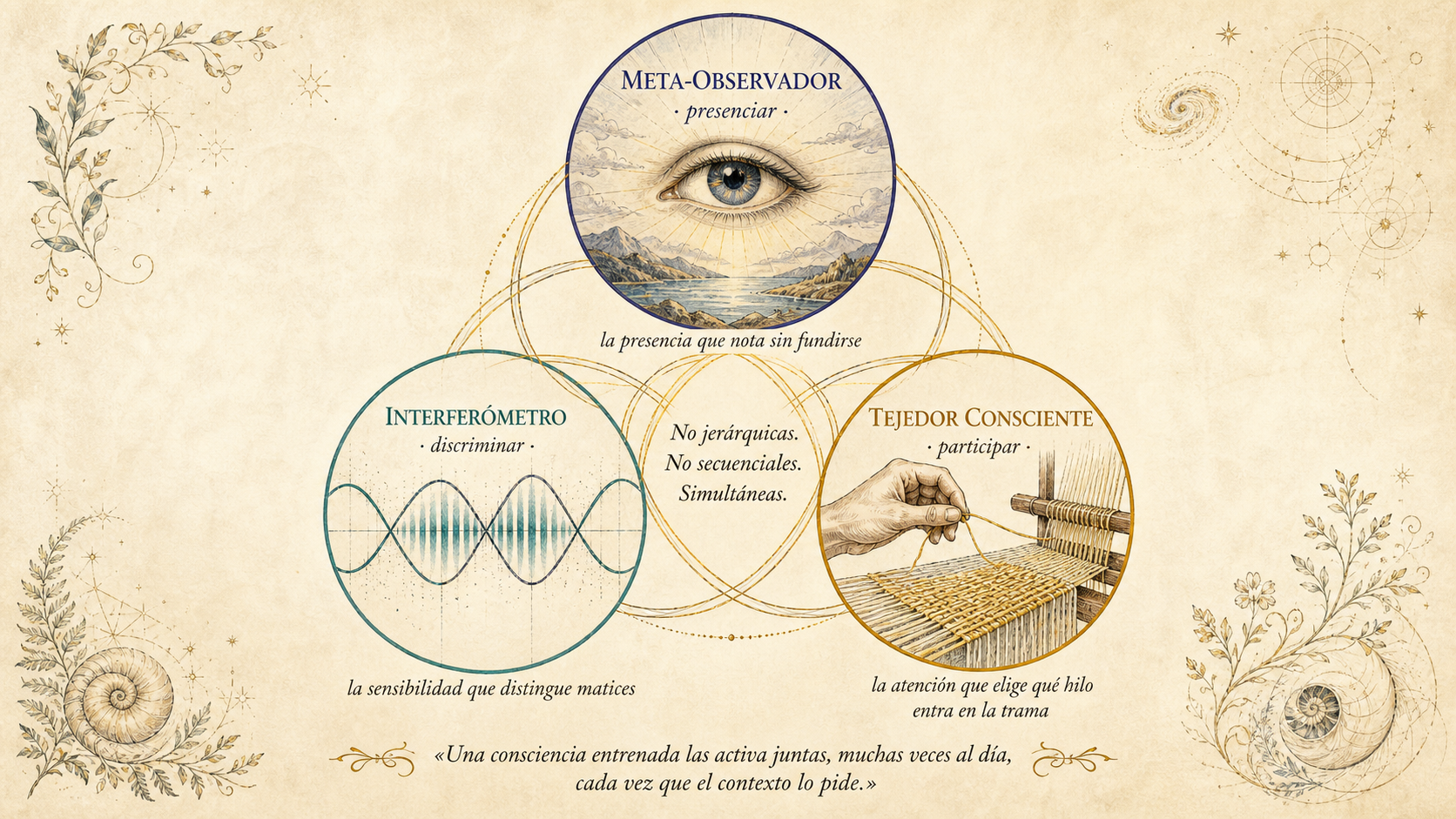 Diagrama triangular equilátero con las tres capacidades del Tejedor: Meta-Observador con un ojo, Interferómetro con ondas, Tejedor Consciente con una mano tejiendo.