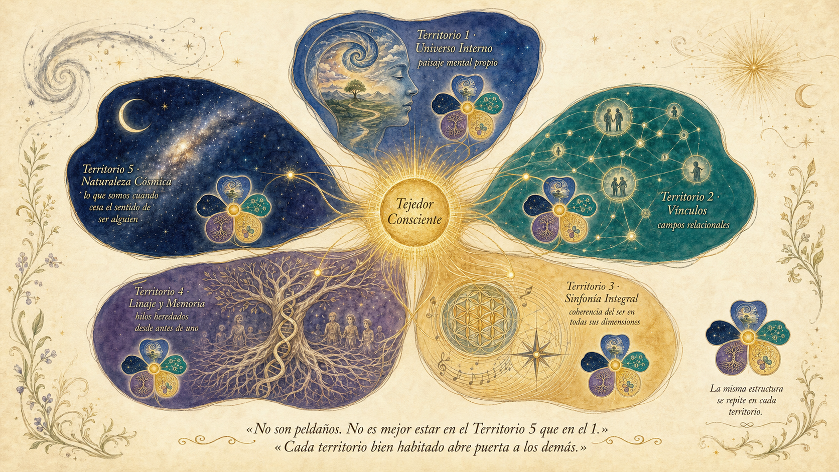 Cartografía fractal de cinco territorios en forma de pétalos alrededor de un centro: Universo Interno, Vínculos, Sinfonía Integral, Linaje y Memoria, Naturaleza Cósmica.